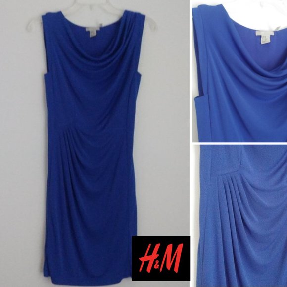 Ruched Blue Midi Dress Slinky Cowl Neckline Liquid Knit Office Day Evening Party - Picture 1 of 9